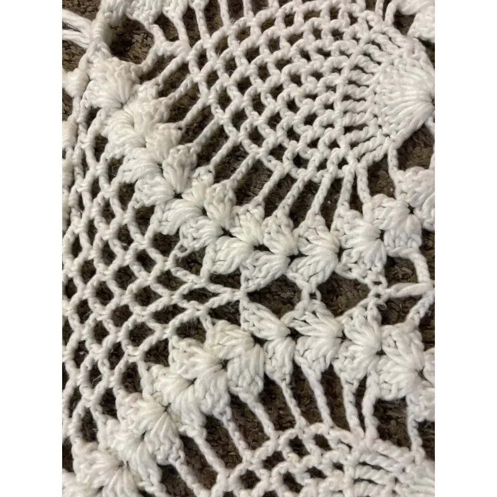 Vintage Pineapple Crochet Shawl Fringe Wrap Ivory Boho Festival One Size - Picture 12 of 16
